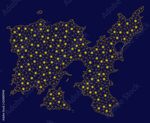 Bright yellow mesh Limnos Greek Island map with glare effect. Wire frame triangular mesh in vector EPS10 format on a dark black background. Abstract 2d mesh designed with triangles, round dots,