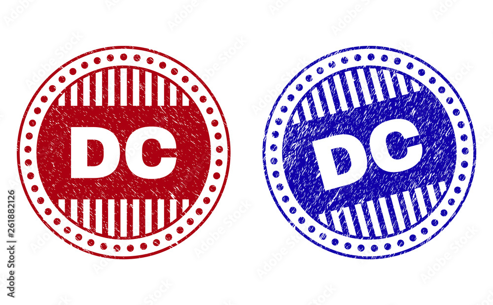 Grunge DC round stamp seals isolated on a white background. Round seals with grunge texture in red and blue colors. Vector rubber overlay of DC text inside circle form with stripes. Grunge DC round stamp seals isolated on a white background. Round seals with grunge texture in red and blue colors. Vector rubber overlay of DC text inside circle form with stripes.