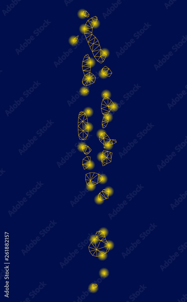 Bright yellow mesh Maldives map with glare effect. Wire carcass polygonal mesh in vector EPS10 format on a dark black background. Abstract 2d mesh designed with triangles, spheric points,