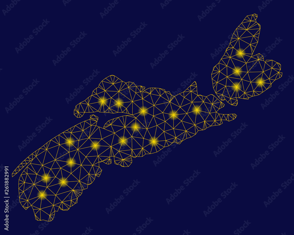 Bright yellow mesh Nova Scotia Province map with glare effect. Wire frame polygonal mesh in vector EPS10 format on a dark black background. Abstract 2d mesh designed with polygonal grid, round dots,