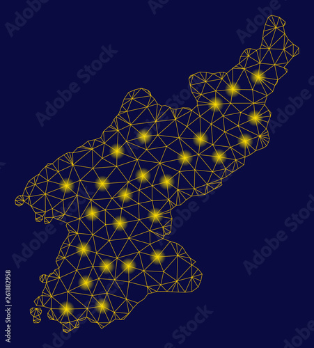 Bright yellow mesh North Korea map with lightspot effect. Wire carcass triangular mesh in vector EPS10 format on a dark black background. Abstract 2d mesh designed with triangular lines, points,