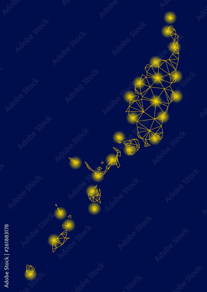 Bright yellow mesh Palau map with lightspot effect. Wire carcass triangular mesh in vector EPS10 format on a dark black background. Abstract 2d mesh designed with triangular lines, spheric points,