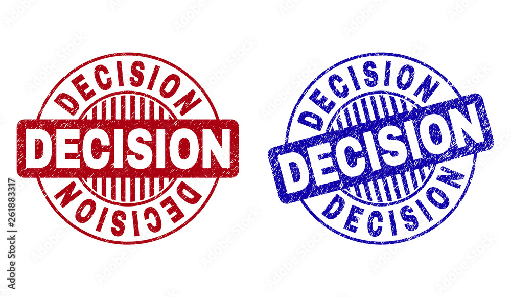 Grunge DECISION round stamp seals isolated on a white background. Round seals with grunge texture in red and blue colors. Vector rubber imprint of DECISION text inside circle form with stripes.