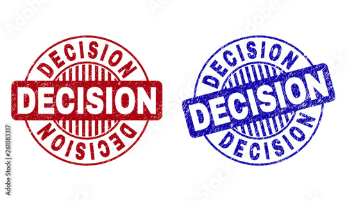 Grunge DECISION round stamp seals isolated on a white background. Round seals with grunge texture in red and blue colors. Vector rubber imprint of DECISION text inside circle form with stripes.