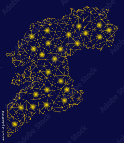 Bright yellow mesh Pontevedra Province map with glare effect. Wire carcass triangular mesh in vector EPS10 format on a dark black background. Abstract 2d mesh created from triangular lines, dots,