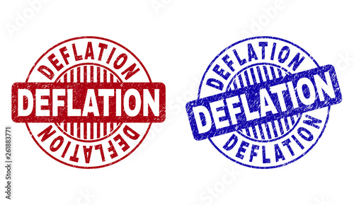 Grunge DEFLATION round stamp seals isolated on a white background. Round seals with grunge texture in red and blue colors. Vector rubber imprint of DEFLATION caption inside circle form with stripes.
