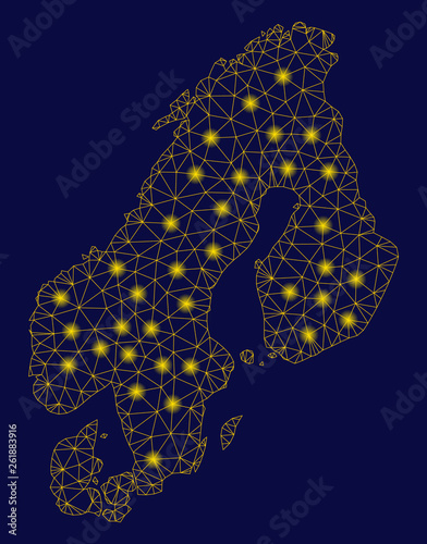 Bright yellow mesh Scandinavia map with glow effect. Wire frame triangular mesh in vector EPS10 format on a dark black background. Abstract 2d mesh designed with triangles, spheric points,