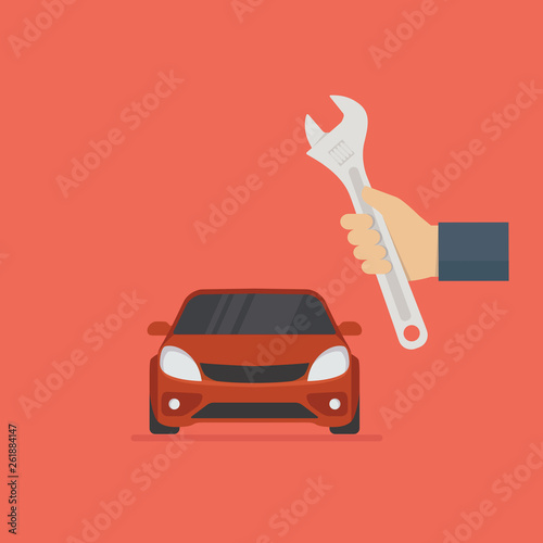 Auto mechanice service and repair, Hand of technician auto mechanic with a wrench, auto service, car repair