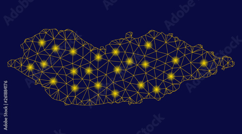 Bright yellow mesh Socotra Island map with glare effect. Wire carcass polygonal mesh in vector EPS10 format on a dark black background. Abstract 2d mesh designed with triangles, round dots,