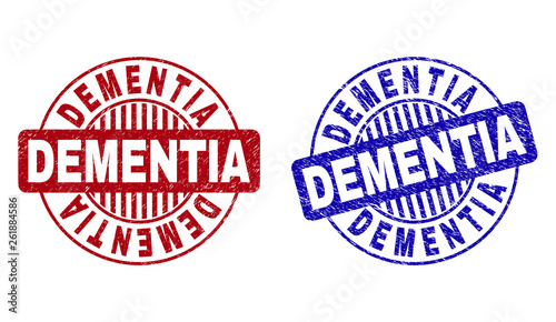 Grunge DEMENTIA round stamp seals isolated on a white background. Round seals with grunge texture in red and blue colors. Vector rubber overlay of DEMENTIA label inside circle form with stripes.