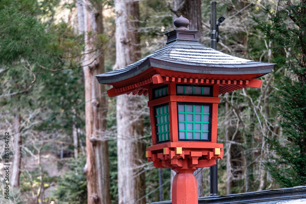 Red Wooden Lantern of Japanese Shinto Shrine in Tochigi, Japan Red Wooden Lantern of Japanese Shinto Shrine in Tochigi, Japan