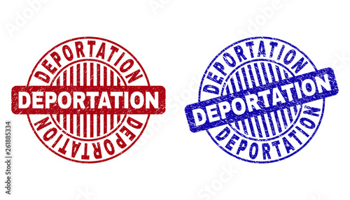Grunge DEPORTATION round stamp seals isolated on a white background. Round seals with grunge texture in red and blue colors. Vector rubber imprint of DEPORTATION label inside circle form with stripes.