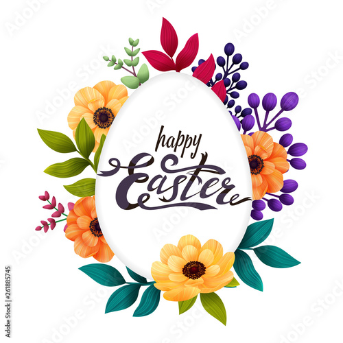 Happy Easter greeting card. Calligraphic lettering on white egg frame and col...