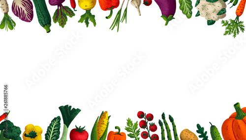 Wide horizontal Healthy eating background. Copy space. Variety of decorative vegetables with grain texture on white background. Farmers market, Organic food poster, cover or banner design. Vector.