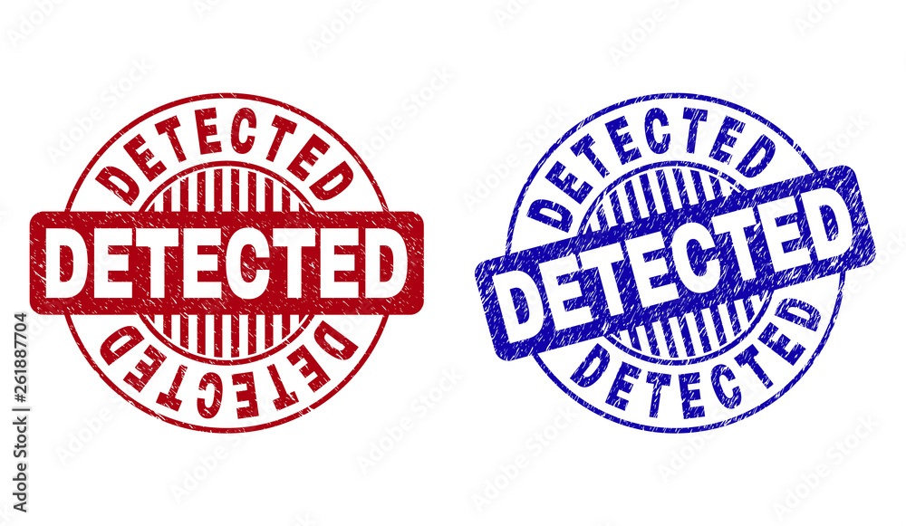 Grunge DETECTED round stamp seals isolated on a white background. Round seals with grunge texture in red and blue colors. Vector rubber imprint of DETECTED tag inside circle form with stripes. Grunge DETECTED round stamp seals isolated on a white background. Round seals with grunge texture in red and blue colors. Vector rubber imprint of DETECTED tag inside circle form with stripes.