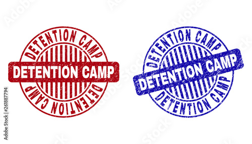 Grunge DETENTION CAMP round stamp seals isolated on a white background. Round seals with grunge texture in red and blue colors.