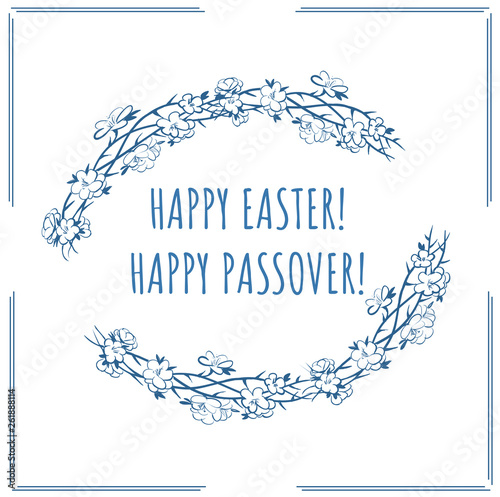 Happy easter happy passover with frame of crown of thorns and spring flowers