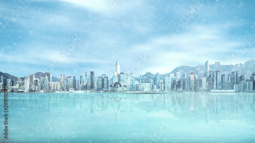 Photography Victoria habour, Hongkong with frozen water and snow in concept of effect from g
