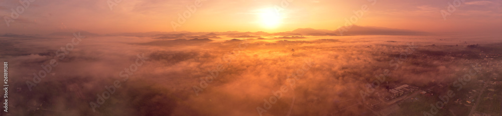 fog and sunrise panorama aerial view