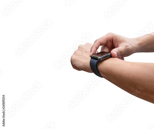 Hand using black smart watch isolated on white background with clipping path