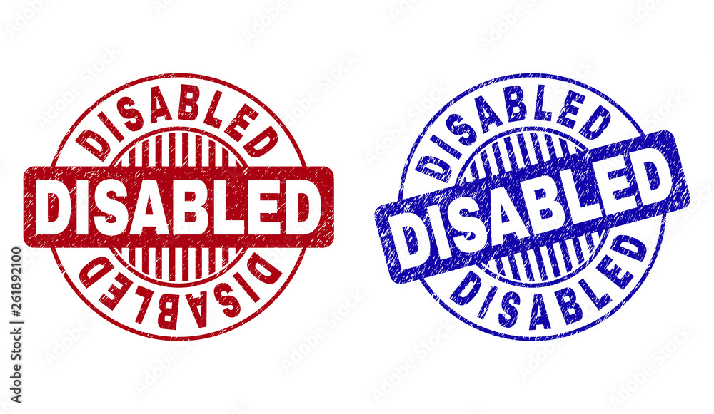 Grunge DISABLED round stamp seals isolated on a white background. Round seals with distress texture in red and blue colors. Vector rubber imitation of DISABLED title inside circle form with stripes. Grunge DISABLED round stamp seals isolated on a white background. Round seals with distress texture in red and blue colors. Vector rubber imitation of DISABLED title inside circle form with stripes.