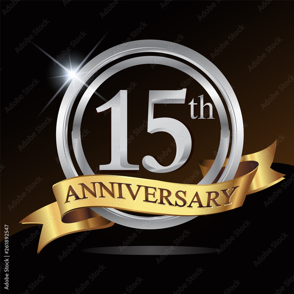 15th anniversary logo, with shiny silver ring and gold ribbon isolated on black background. vector design for birthday celebration. 15th anniversary logo, with shiny silver ring and gold ribbon isolated on black background. vector design for birthday celebration.