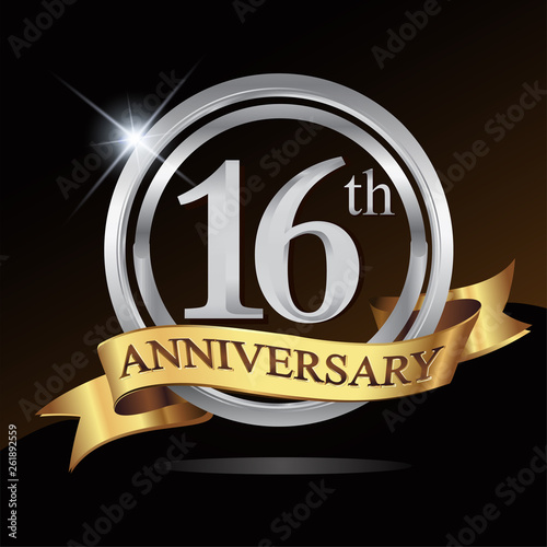 16th anniversary logo, with shiny silver ring and gold ribbon isolated on black background. vector design for birthday celebration.