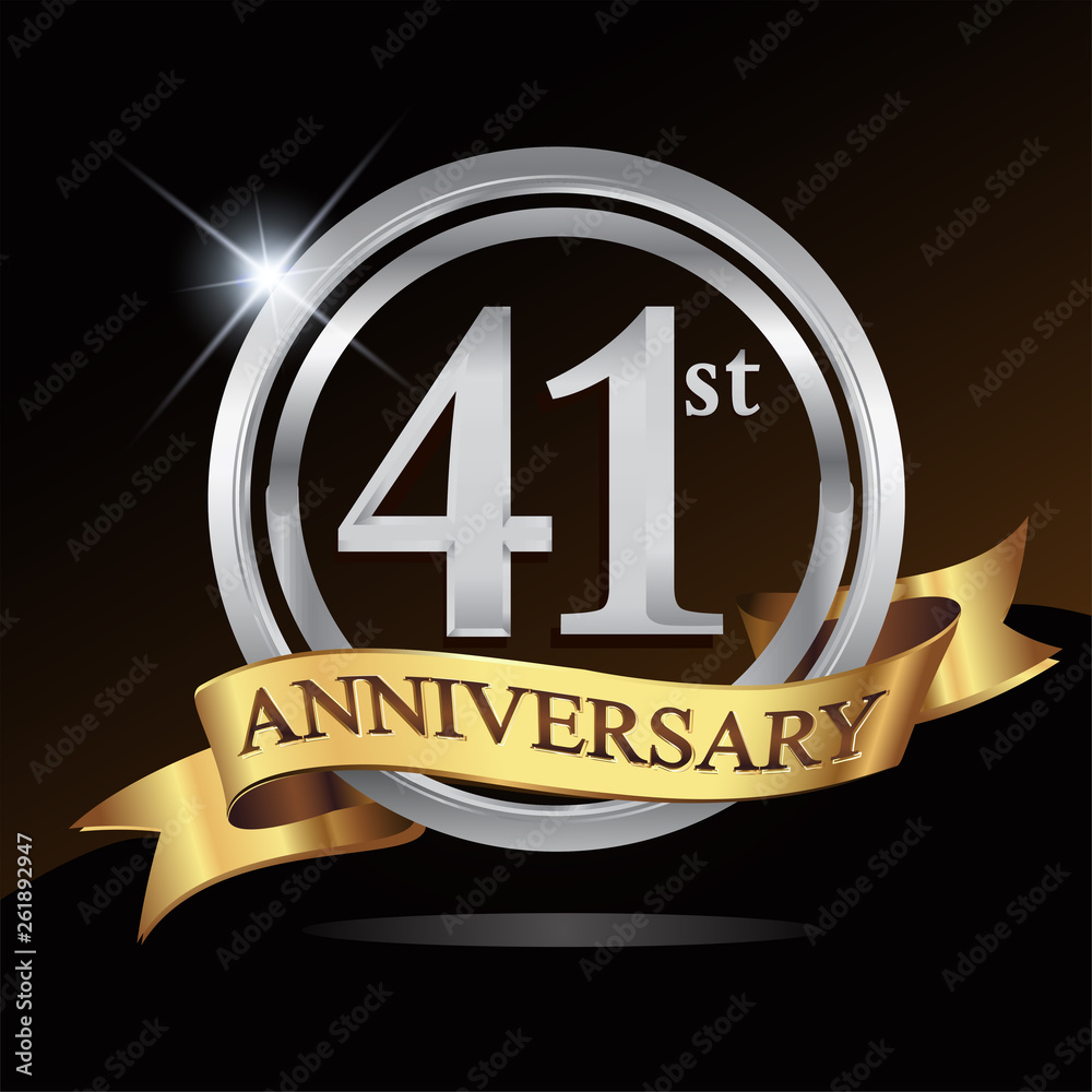 41st anniversary logo, with shiny silver ring and gold ribbon isolated on black background. vector design for birthday celebration. 41st anniversary logo, with shiny silver ring and gold ribbon isolated on black background. vector design for birthday celebration.