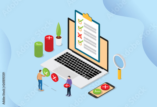 online survey technology concept with people and laptop with checklist pools - vector