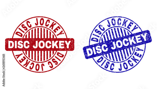 Grunge DISC JOCKEY round stamp seals isolated on a white background. Round seals with grunge texture in red and blue colors.