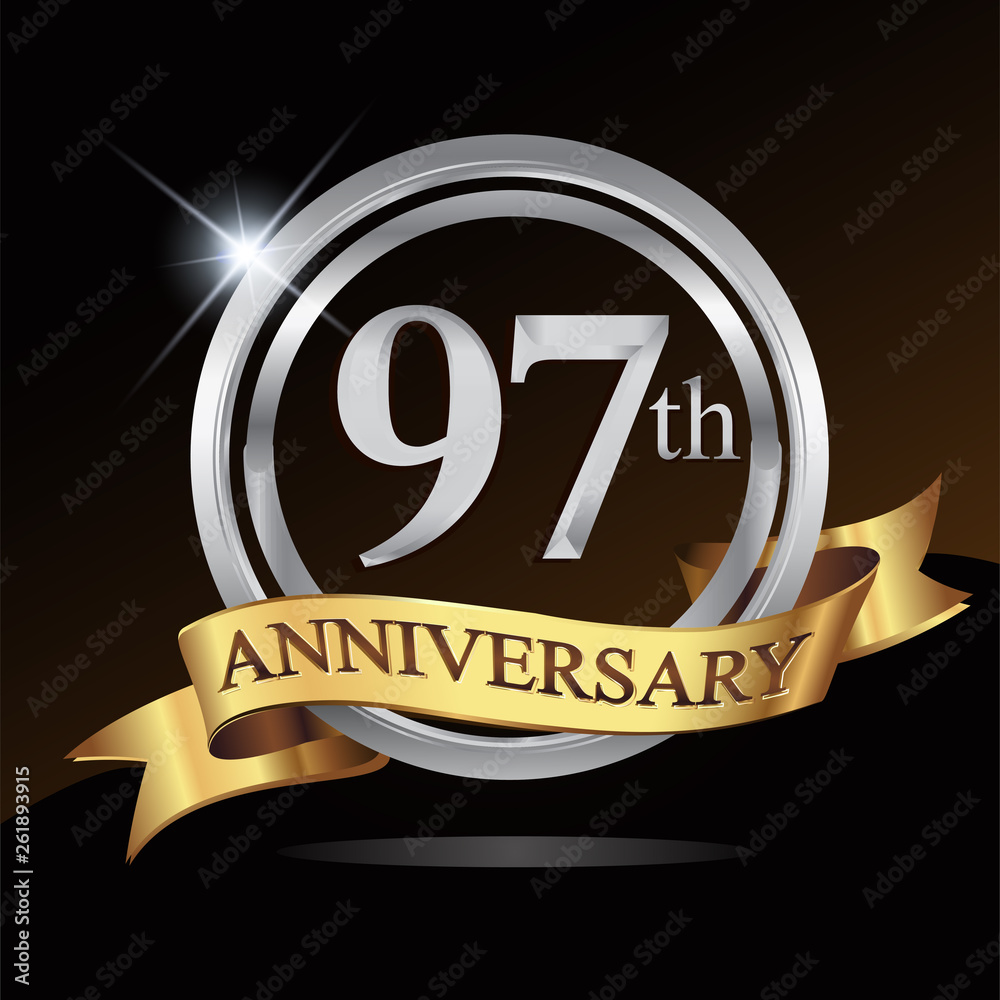 97th anniversary logo, with shiny silver ring and gold ribbon isolated on black background. vector design for birthday celebration. 97th anniversary logo, with shiny silver ring and gold ribbon isolated on black background. vector design for birthday celebration.