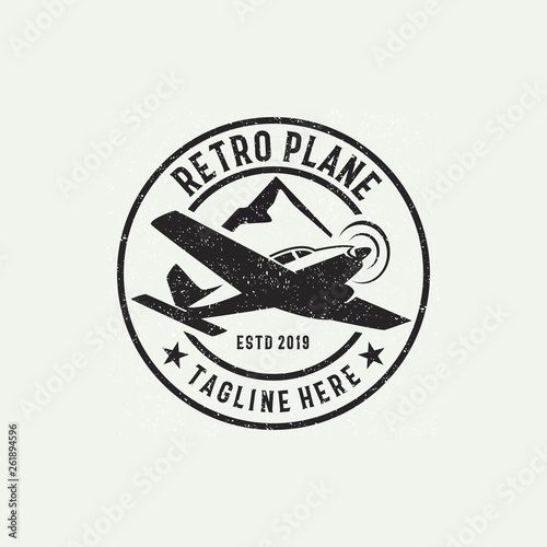 retro plane logo, emblem plane & mountain logo. grunge, logo, airplane, aviation, badge, air, aircraft, aviator, business, company, travel, vector, vintage, white, wing, circle, transportation