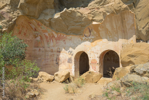 Kakheti, Georgia - Jul 20 2018: Rock caves in David Gareja monastery complex. a famous historic site in Kakheti, Georgia.