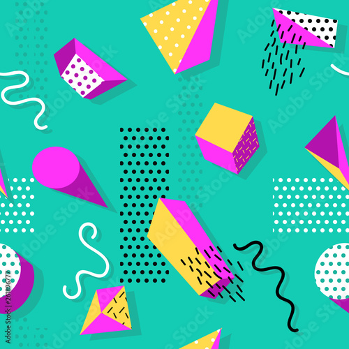Memphis seamless pattern of geometric shapes for tissue and postcards.