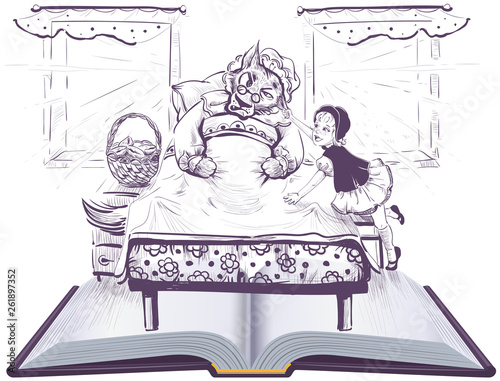 Little Red Riding Hood story tale. Cartoon girl pulls wolf by ears. Open book