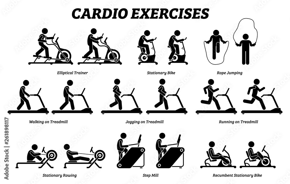 Cardio exercises and fitness training at gym. Artworks depict cardio  exercise machine, elliptical trainer, stationary bike, rope jumping,  treadmill, step mill, stationary rowing, and recumbent bike. Stock Vector