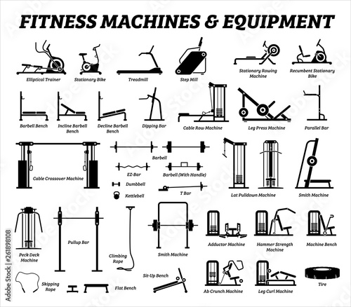 Fitness, cardio, and muscle building machines, equipments set at gym. Artworks depict a list of exercise workout tools, machines, and equipments in the gym room.