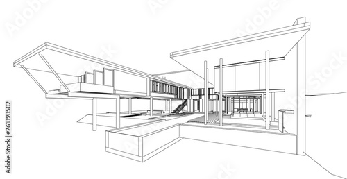Perspective 3D render of building wireframe - Vector illustration 