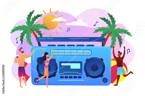 Young tiny people dancing on the beach in swimming suits and shorts at party. Beach party, sand dance floor, beach party invite concept. Bright vibrant violet vector isolated illustration