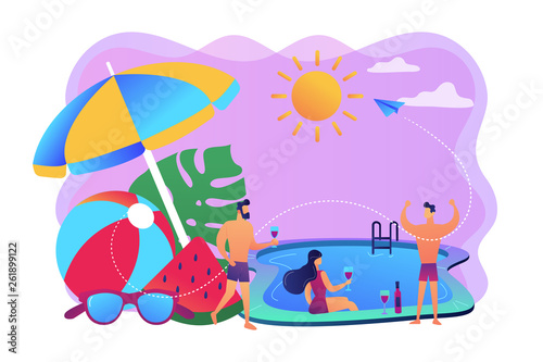 Young tiny people with parasol and ball at the swimming pool have fun drinking wine. Pool party, dance swim drink, swimming pool activity concept. Bright vibrant violet vector isolated illustration