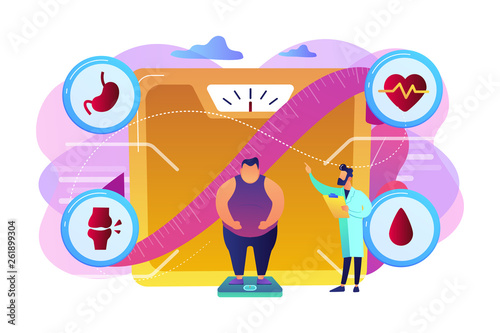 Tiny people, overweight man on scales and doctor showing obesity deseases. Obesity health problem, obesity main causes, overweight treatment concept. Bright vibrant violet vector isolated illustration