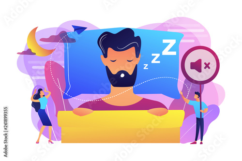 Businessman sleeping in bed and snoring, angry awake tiny people listening. Night snoring, sleep apnea syndrome, snoring and apnea treatment concept. Bright vibrant violet vector isolated illustration