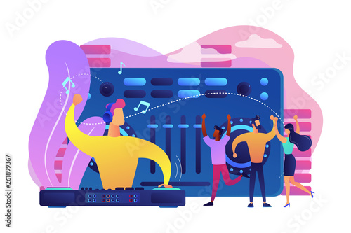 DJ in headphones at turntable playing music and tiny people dancing at party. Electronic music, DJ music set, DJing school courses concept. Bright vibrant violet vector isolated illustration