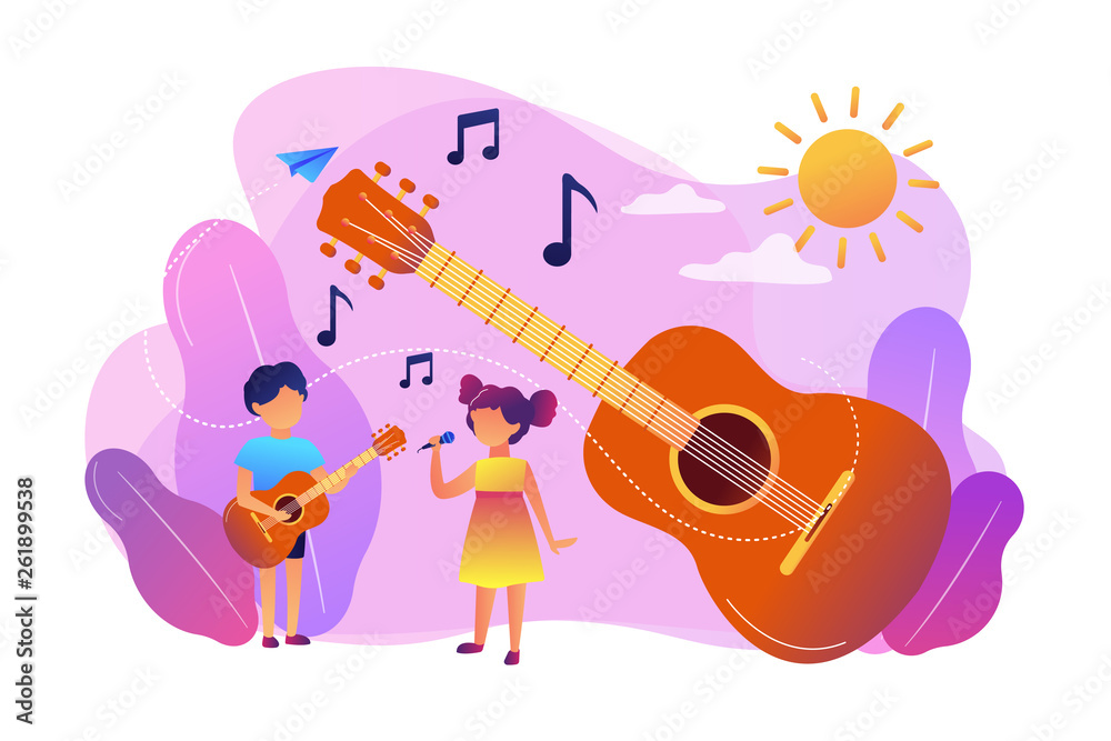 Happy kids enjoy singing and playing the guitar at summer camp, tiny  people. Musical camp, young music talents, music and song courses concept.  Bright vibrant violet vector isolated illustration Stock Vector