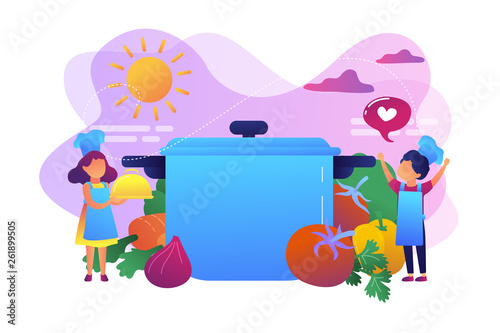 Kids at huge pan enjoy cooking tasty dishes from vegetables, tiny people. Cooking camp, culinary education for kids, young chief course concept. Bright vibrant violet vector isolated illustration