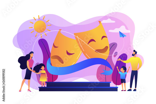 Kids with tutors enjoy acting on theater stage outside, tiny people. Theater camp, summer acting program, young actor courses concept. Bright vibrant violet vector isolated illustration