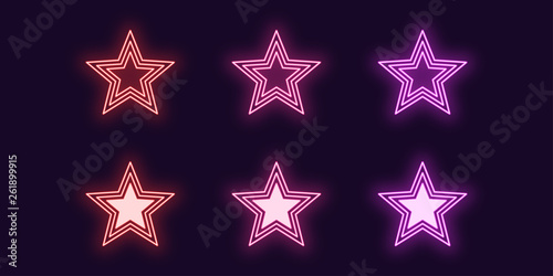 Neon icon set of glowing Star. Vector shiny sign
