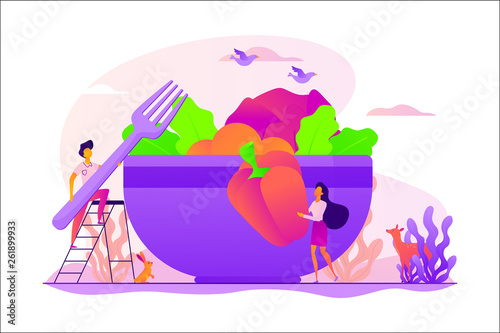 Raw veganism, raw foodism, fruitarianism, juicearianism and sproutarianism concept. Vector isolated concept illustration with tiny people and floral elements. Hero image for website.