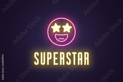 Neon composition of glowing emoji Superstar. Star