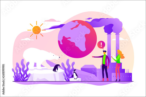 Global warming, environment pollution, global heating impact concept. Vector isolated concept illustration with tiny people and floral elements. Hero image for website.